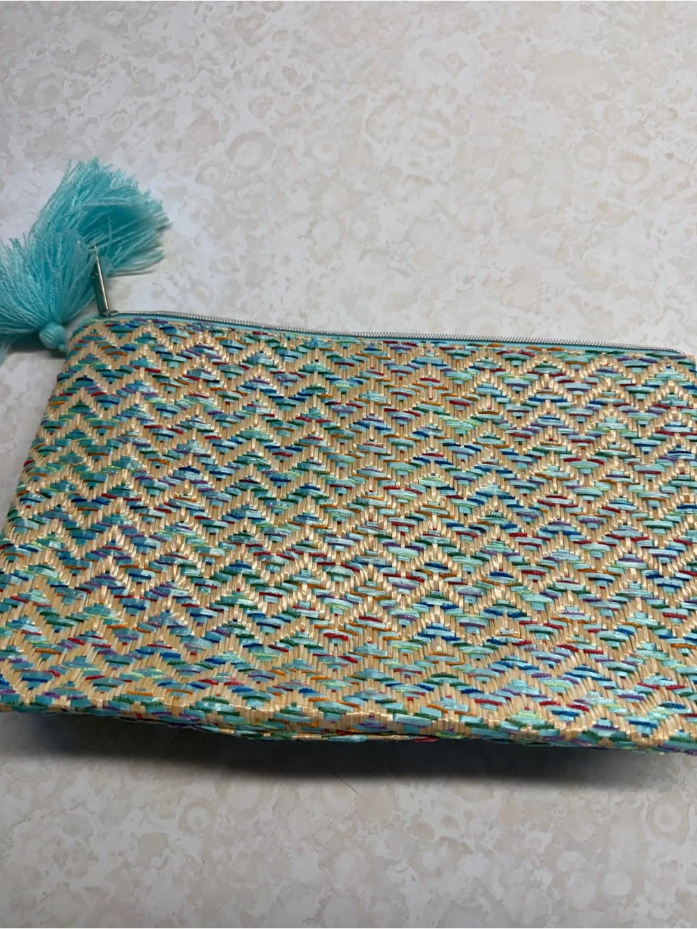 Lancôme Turquoise Tassel Woven Straw Clutch cosmetic case woven